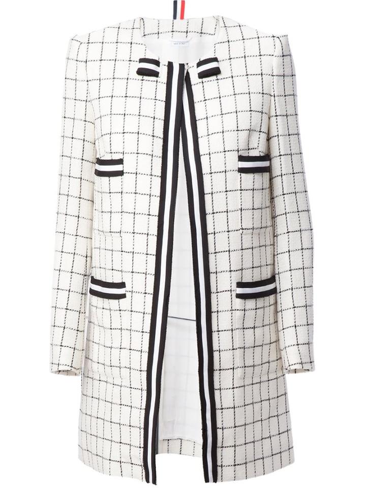 Thom Browne Checked Coat, Women's, Size: 48, White, Silk/cotton/wool