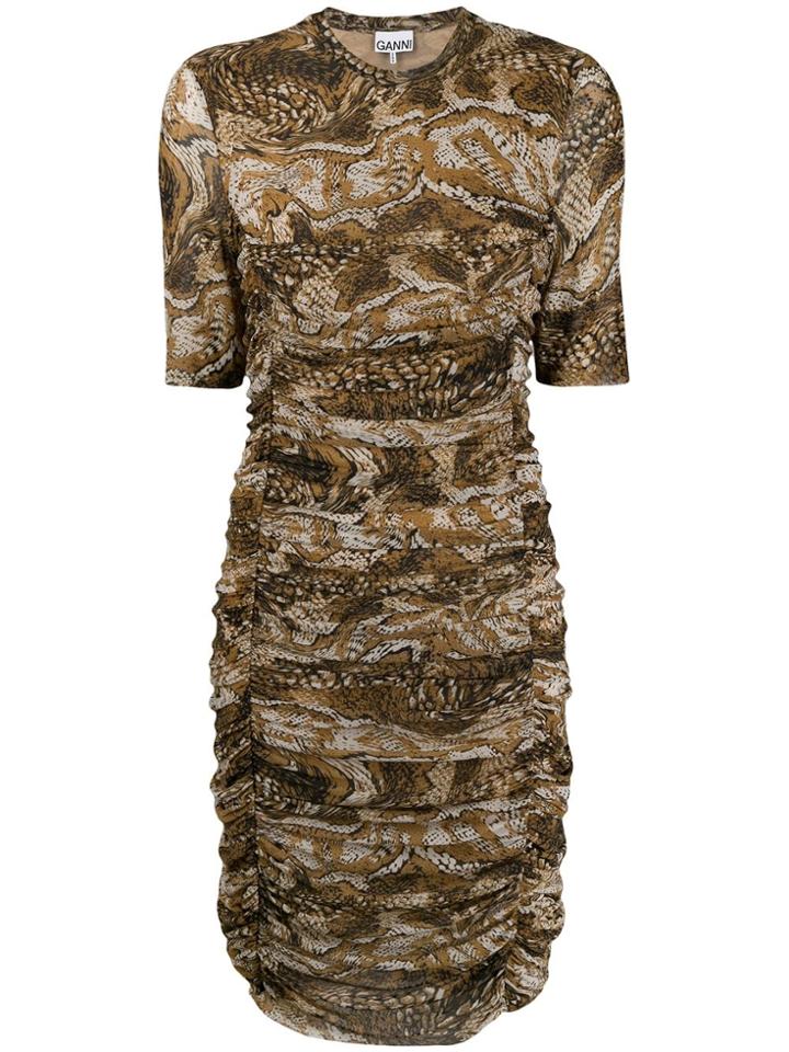 Ganni Ruched Graphic Snake Dress - Brown