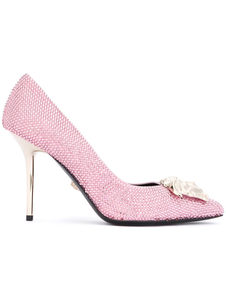 Versace Embellished Medusa Pumps - Pink & Purple