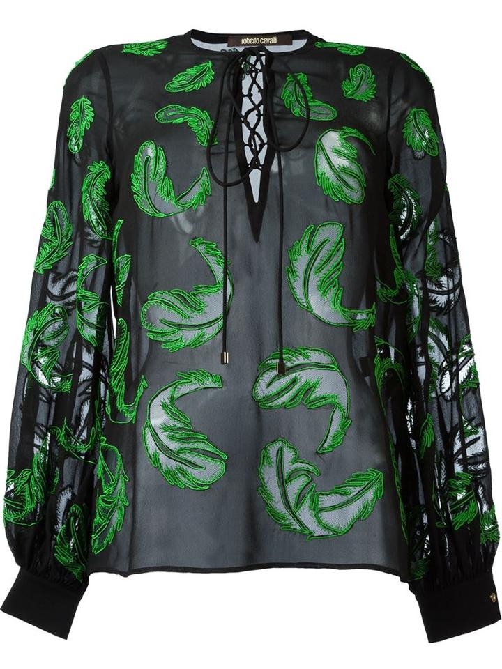 Roberto Cavalli Feather Embroidered Blouse, Women's, Size: 38, Black, Silk/polyamide