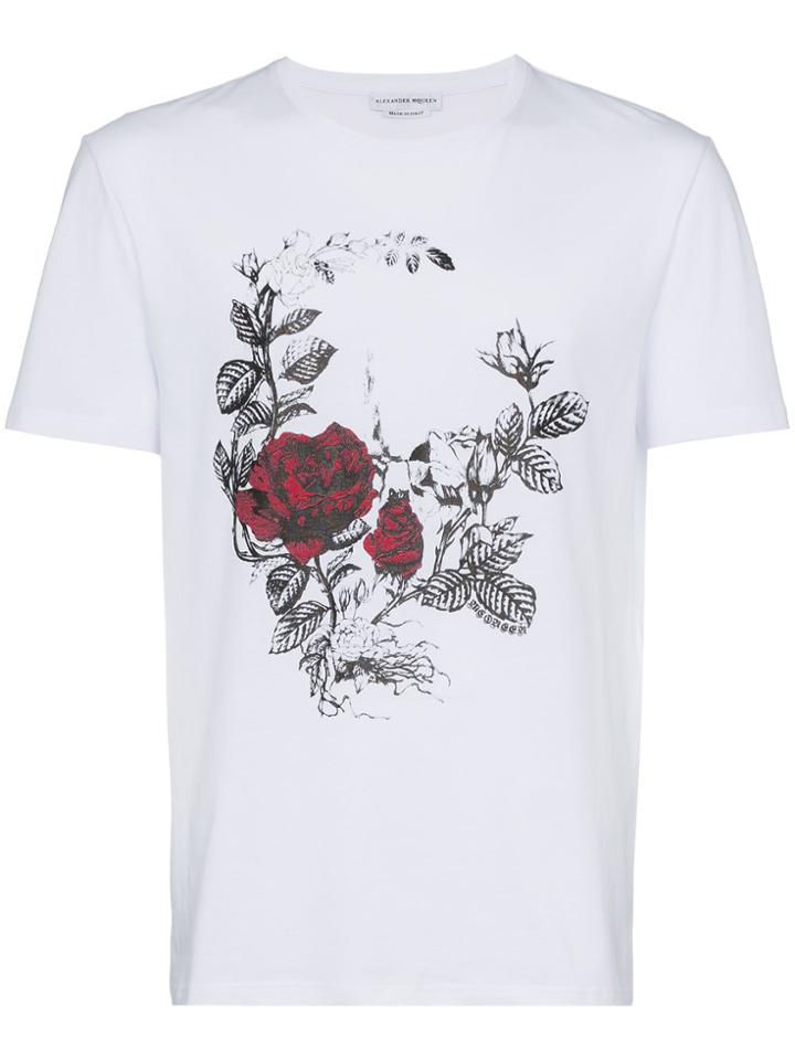Alexander Mcqueen White Cotton Rose Skull Print T Shirt