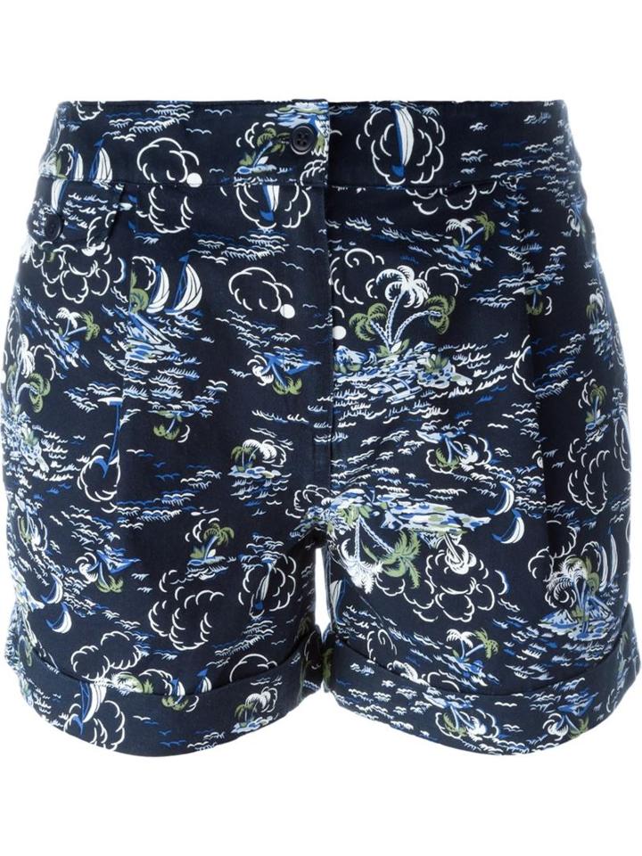 Ymc Hawaiian Print Shorts, Women's, Size: 8, Blue, Cotton/lyocell