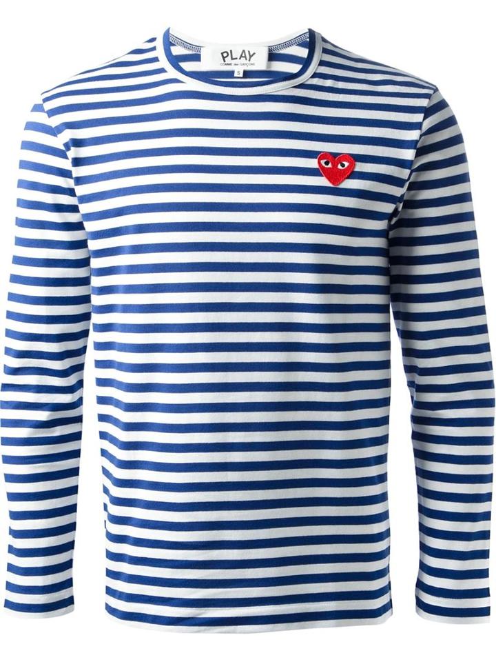 Comme Des Garçons Play Embroidered Heart Striped T-shirt, Men's, Size: Small, Blue, Cotton