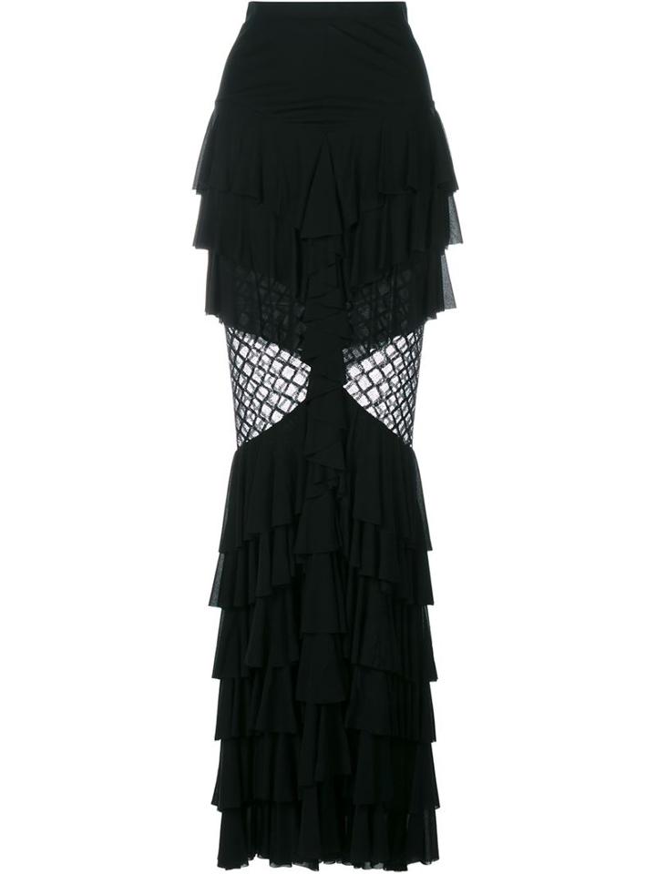 Balmain Ruffle Fishnet Maxi Skirt, Women's, Size: 38, Black, Viscose