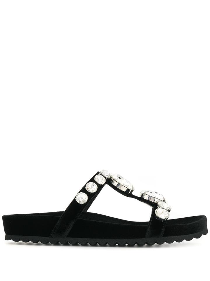 Miu Miu Embellished Flat Sandals - Black