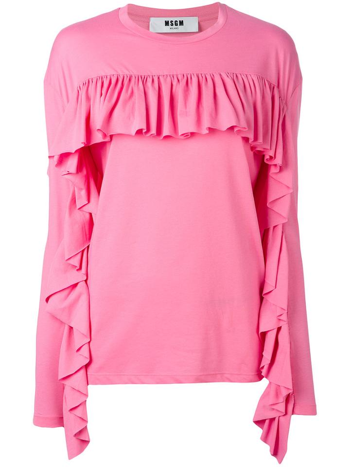 Msgm - Ruffled Longsleeved T-shirt - Women - Cotton/polyester - M, Pink/purple, Cotton/polyester