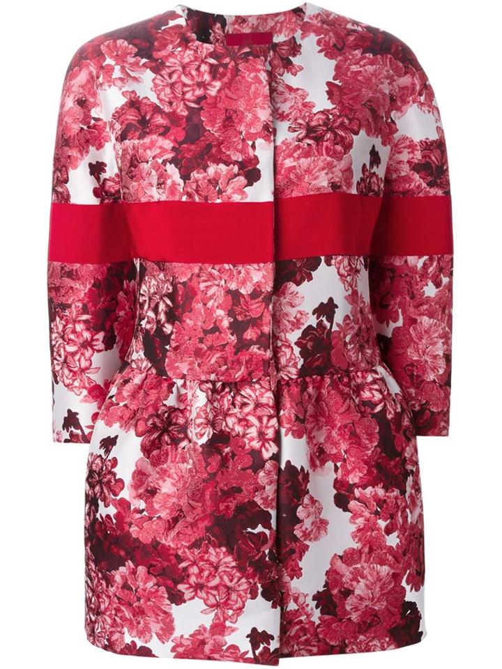 Moncler Gamme Rouge Flared Floral Jacquard Coat, Women's, Size: 1, Red, Polyester/silk