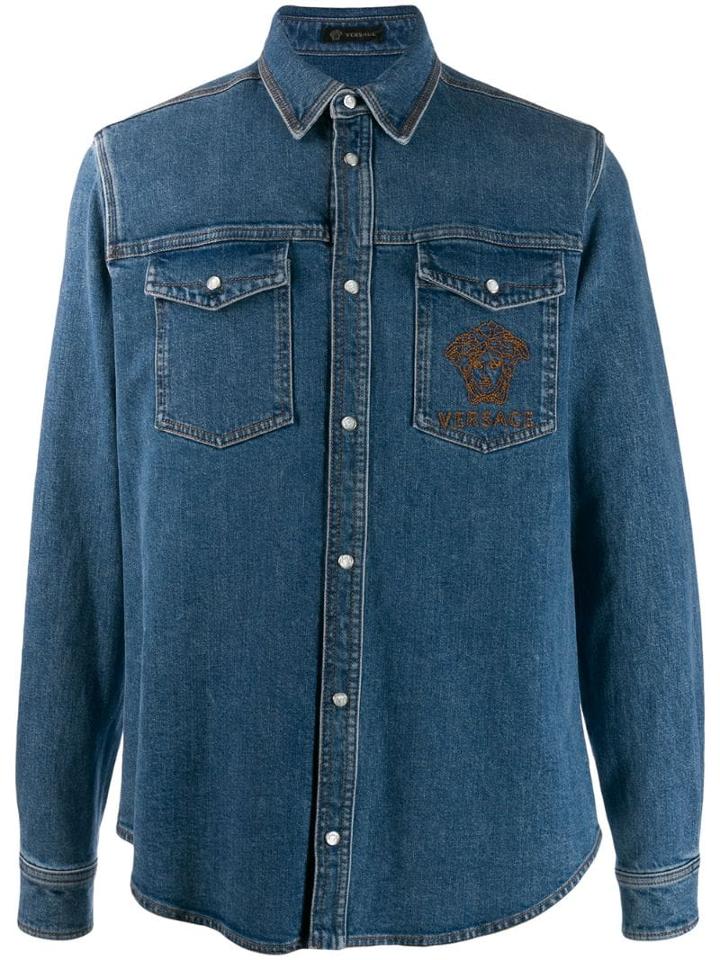 Versace Embroidered Medusa Denim Shirt - Blue