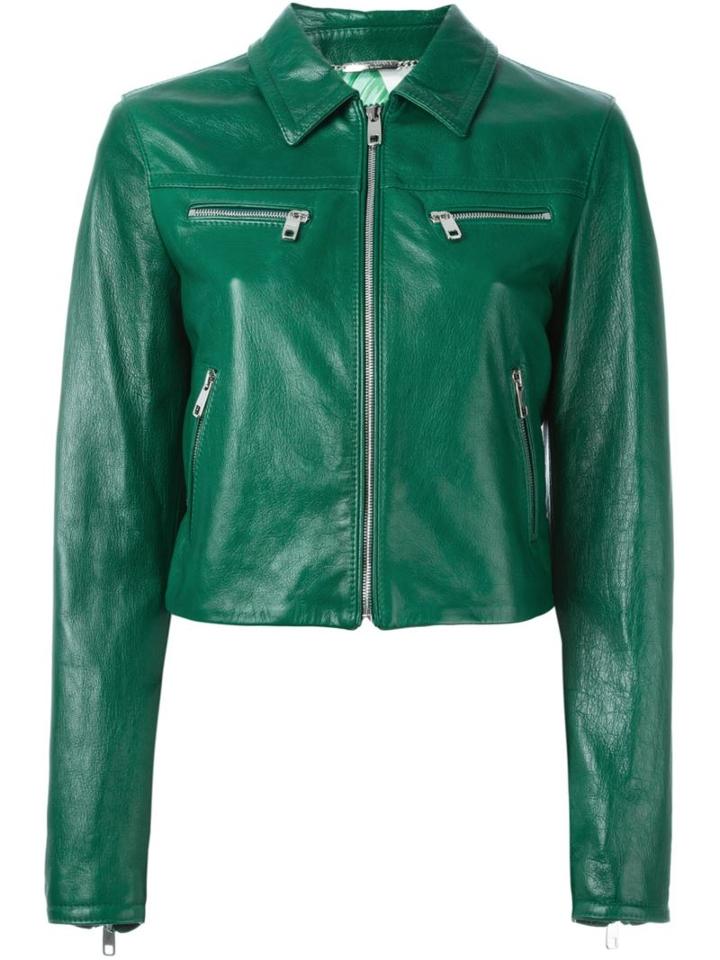 Dolce & Gabbana Cropped Leather Jacket, Women's, Size: 42, Green, Goat Skin/silk/spandex/elastane