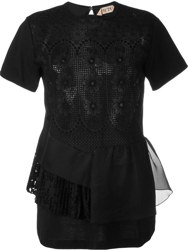 No21 Embroidered Lace Panelled Blouse, Women's, Size: 40, Black, Cotton/silk