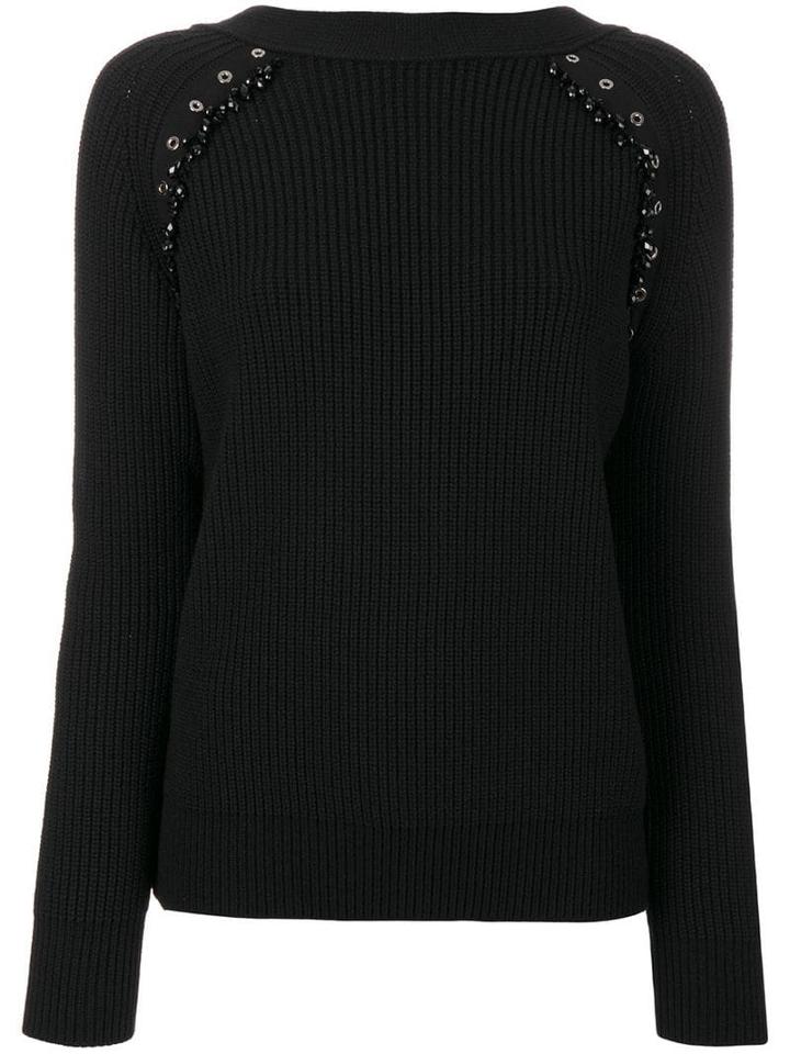 Nº21 Eyelets And Gem Details Rib Knit Top - Black