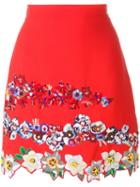 Msgm Floral Embroidery A-line Skirt, Women's, Size: 42, Red, Viscose/acetate/polyester
