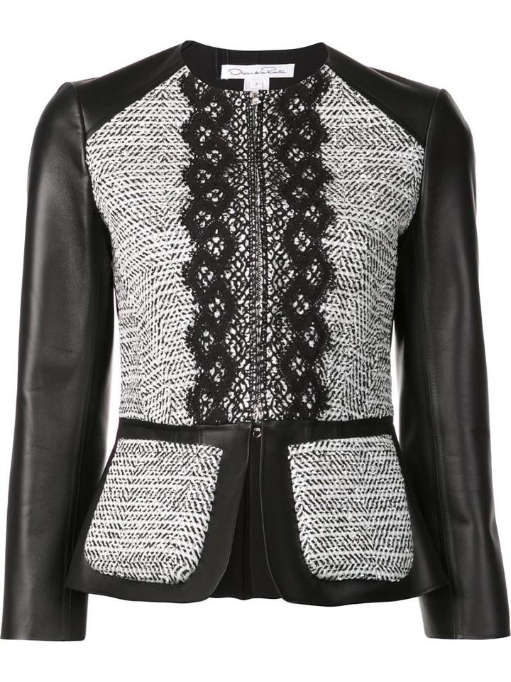 Oscar De La Renta Bouclé Panel Lambskin Jacket, Women's, Size: 2, Black, Lamb Skin