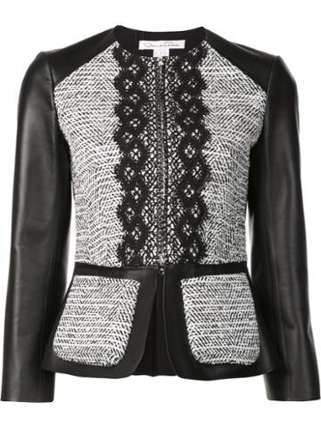 Oscar De La Renta Bouclé Panel Lambskin Jacket, Women's, Size: 2, Black, Lamb Skin