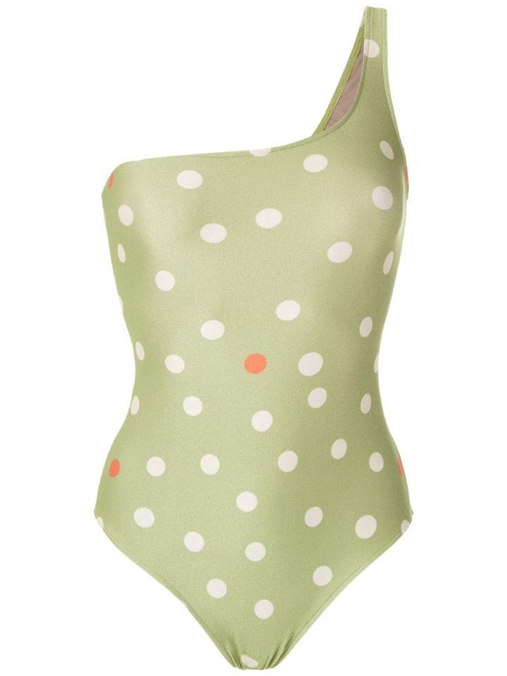 Adriana Degreas One Shoulder Polka Dot Swimsuit - Green