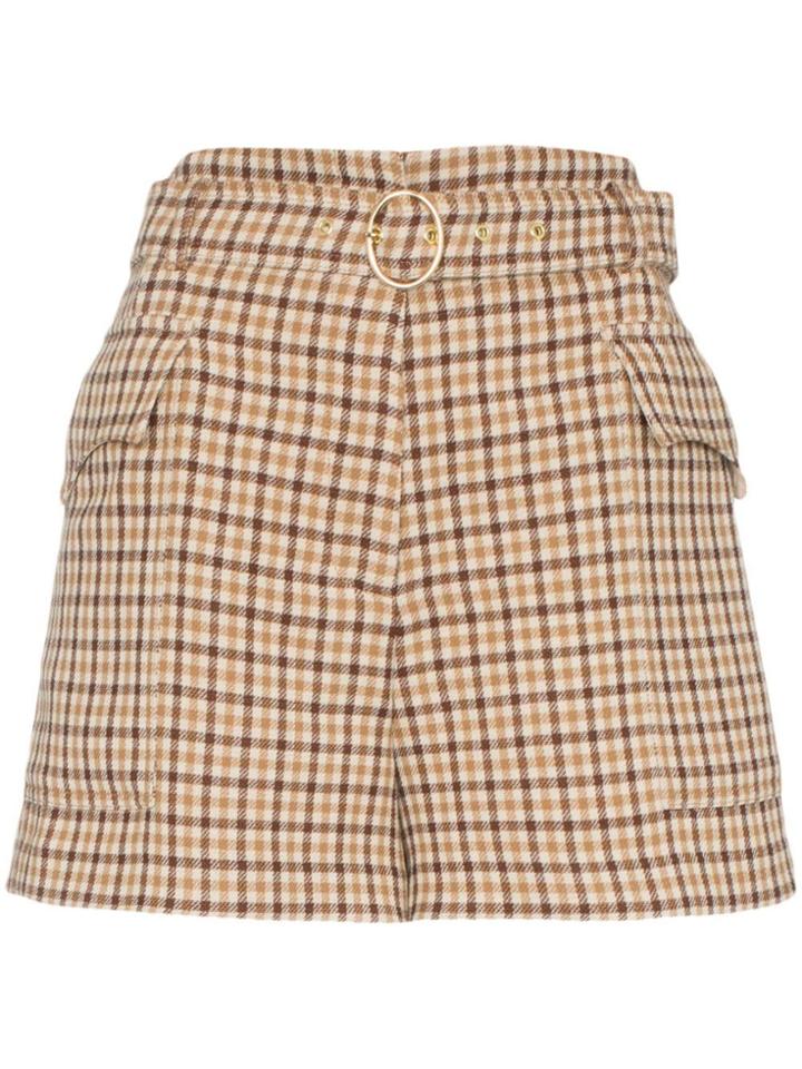 Nanushka Lucas High-waisted Check Print Belted Shorts - Brown