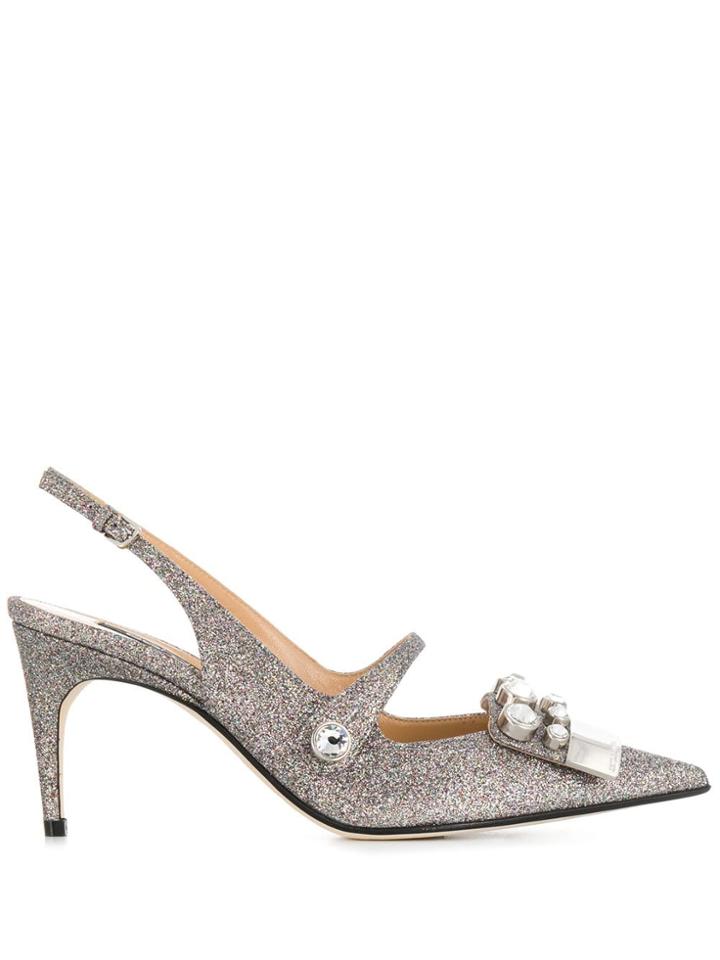 Sergio Rossi Embellished Glitter Slingback Pumps - Silver