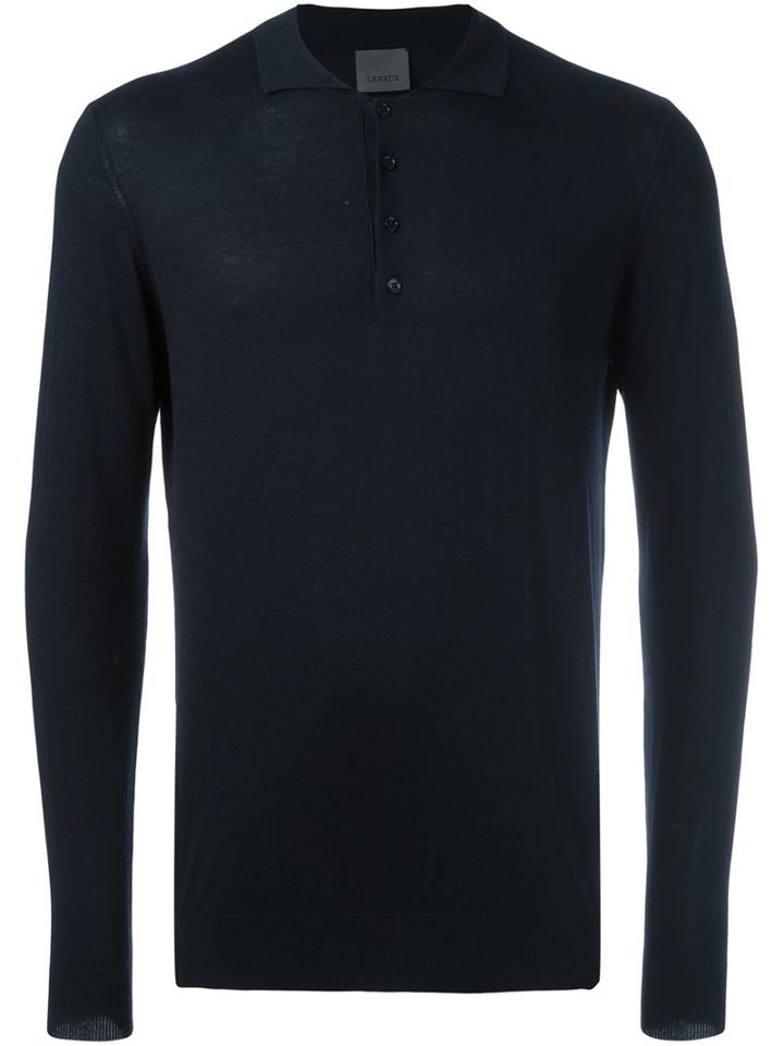 Laneus Longsleeved Polo Shirt, Men's, Size: 48, Blue, Silk/cashmere