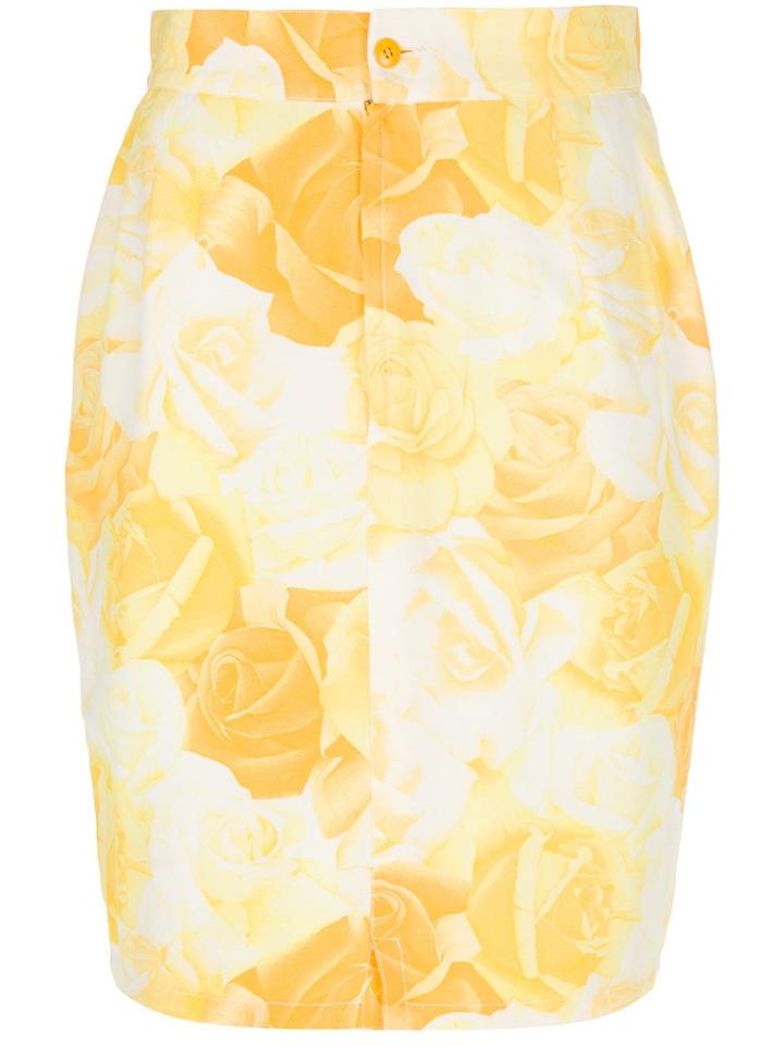 Versace Vintage Rose Print Pencil Skirt - Yellow & Orange