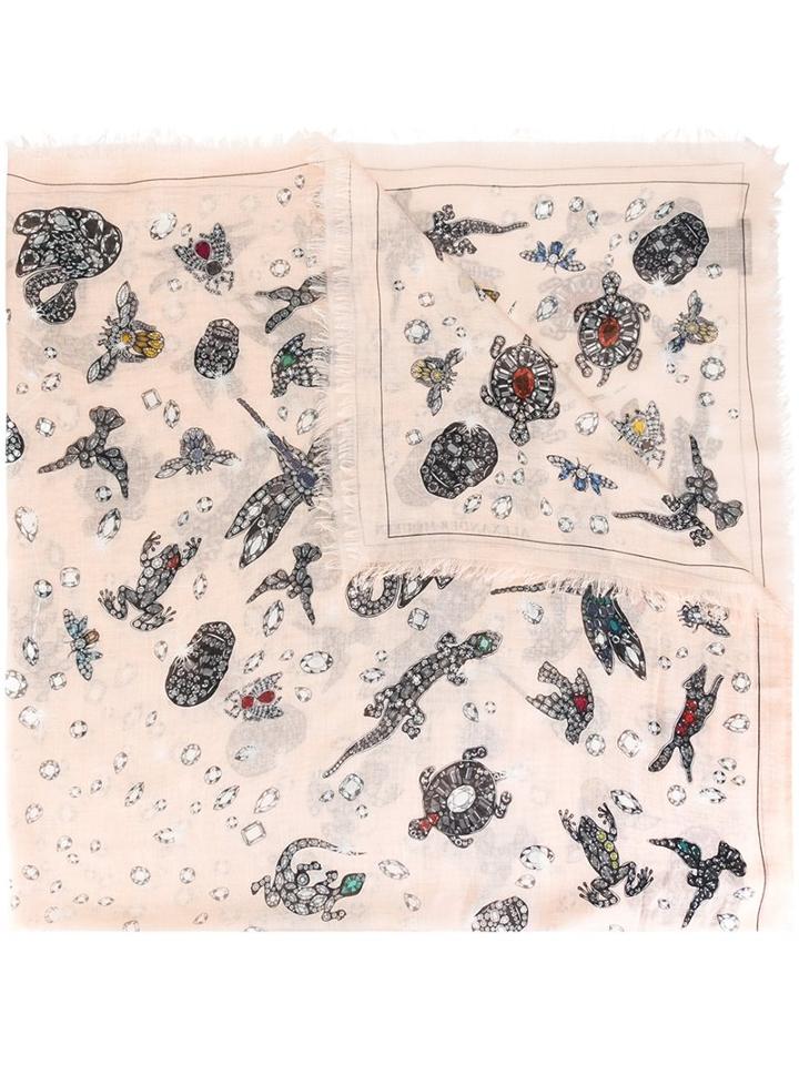 Alexander Mcqueen Bejewelled Creature Print Scarf, Women's, Nude/neutrals, Silk/modal