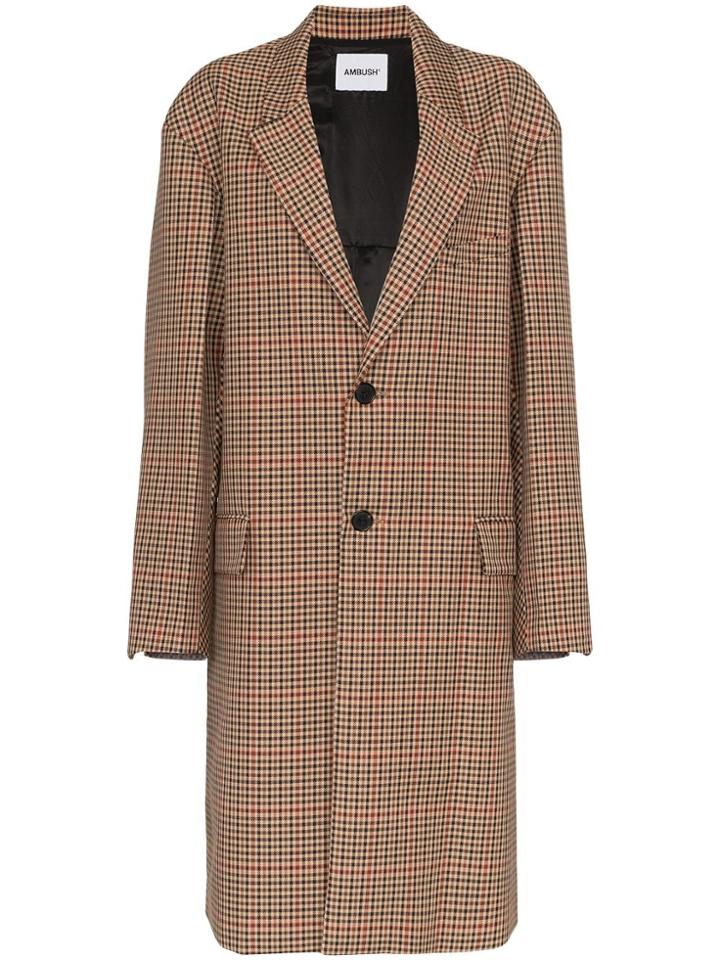 Ambush Single-breasted Check Coat - Brown