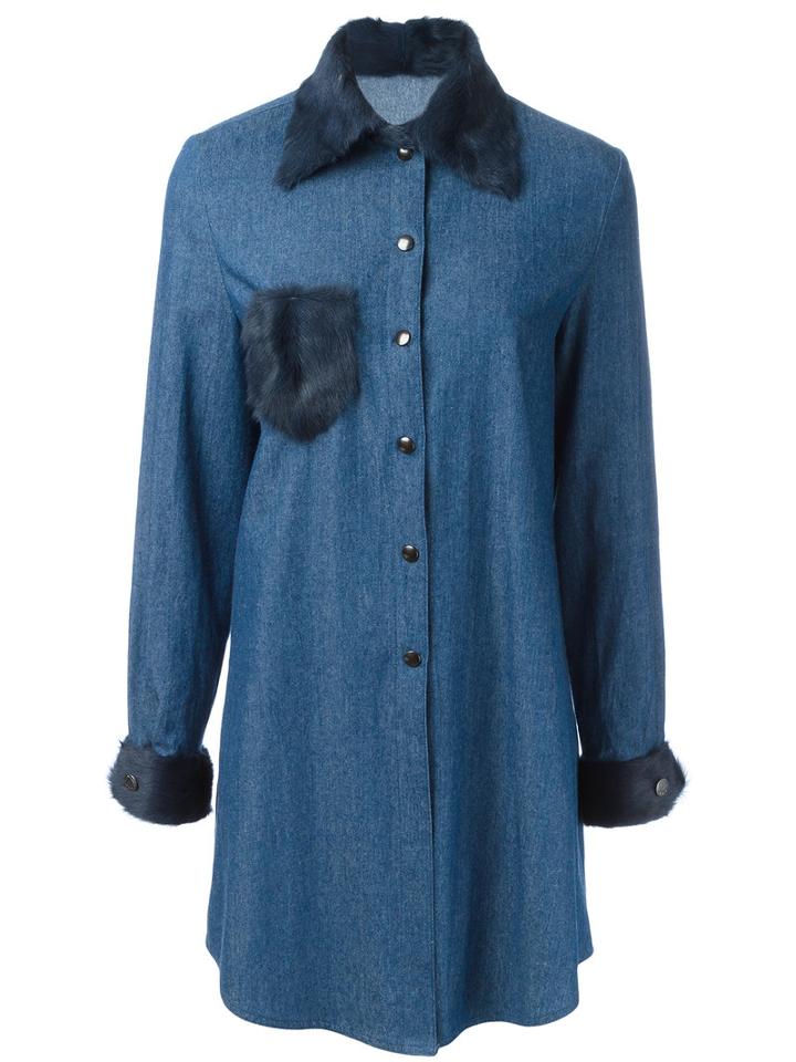 Liska Fur Trim Shirt Dress, Women's, Size: 38, Blue, Cotton/lamb Fur