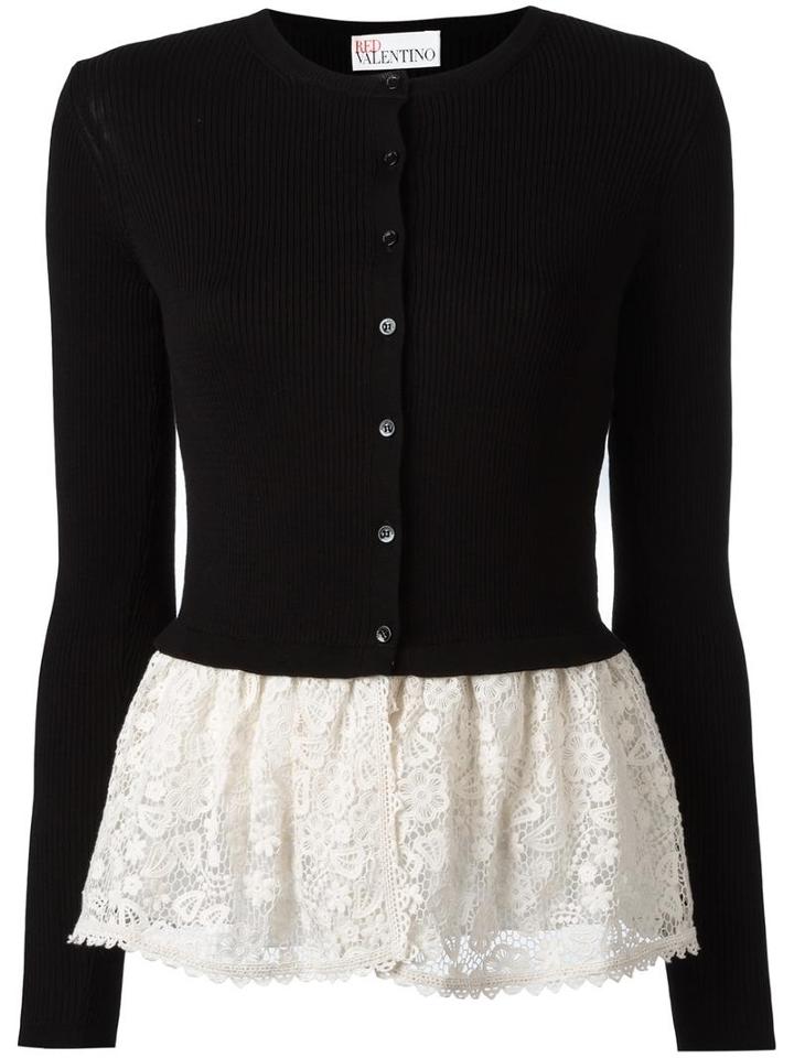 Red Valentino Lace Detail Buttoned Cardigan, Women's, Size: Large, Black, Cotton/polyester/spandex/elastane
