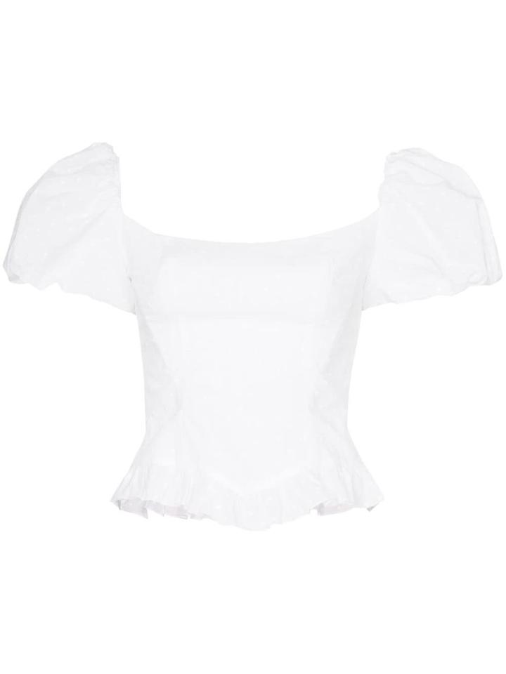 De La Vali Square Neck Puff Sleeve Cotton Blouse - White