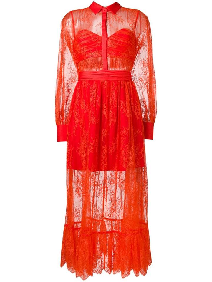 Self-portrait Sheer Lace Ruffled Dress - Red