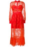 Self-portrait Sheer Lace Ruffled Dress - Red