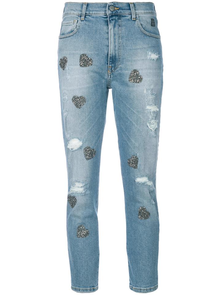 History Repeats Heart Appliqué Cropped Jeans - Blue
