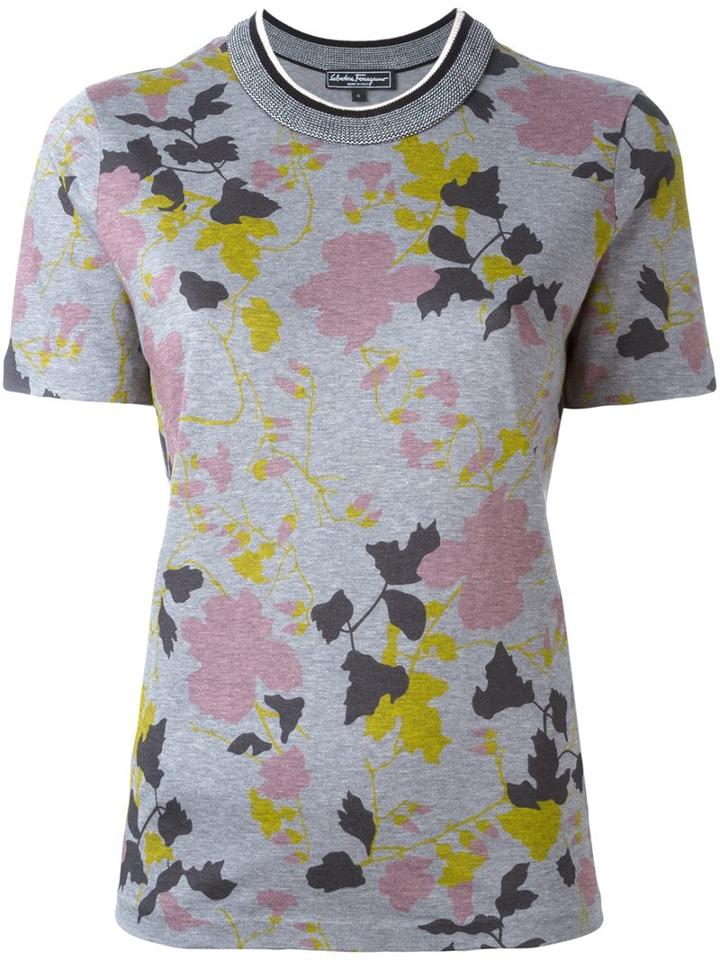 Salvatore Ferragamo Floral Print T-shirt, Women's, Size: Small, Grey, Cotton/virgin Wool