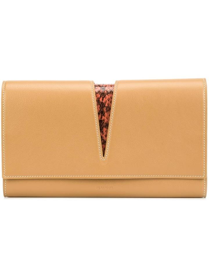 Jil Sander Cut-off Detailing Flap Clutch, Women's, Brown, Calf Leather