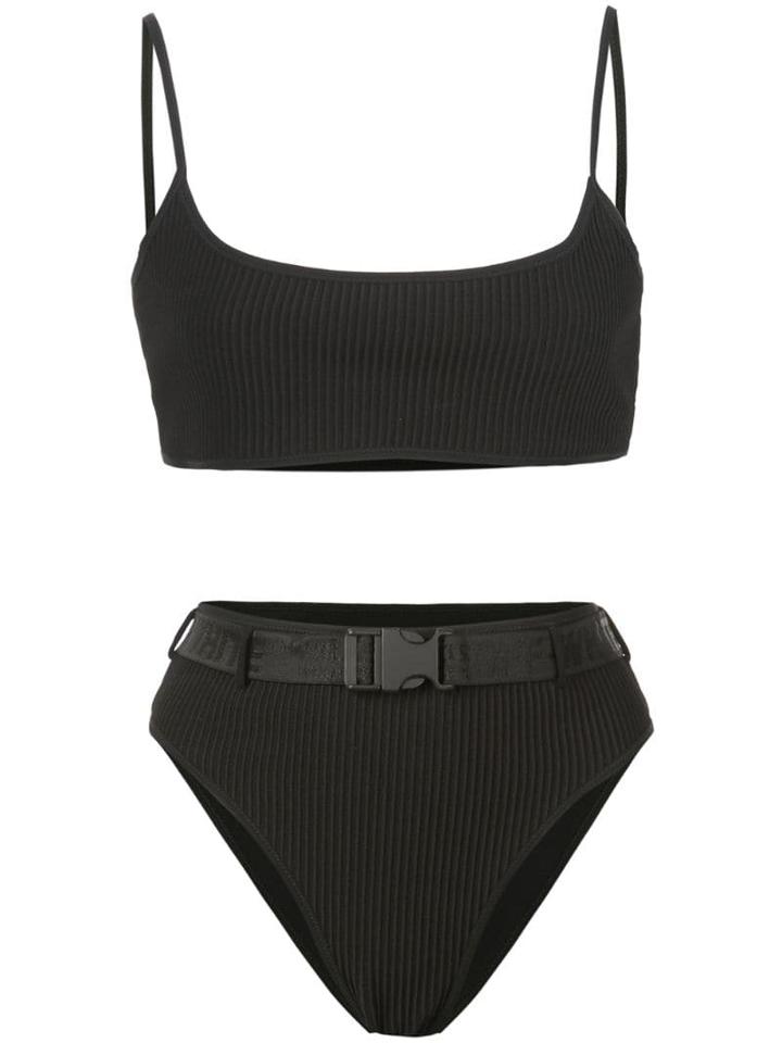 Off-white Ribbed Belted Bikini - Black