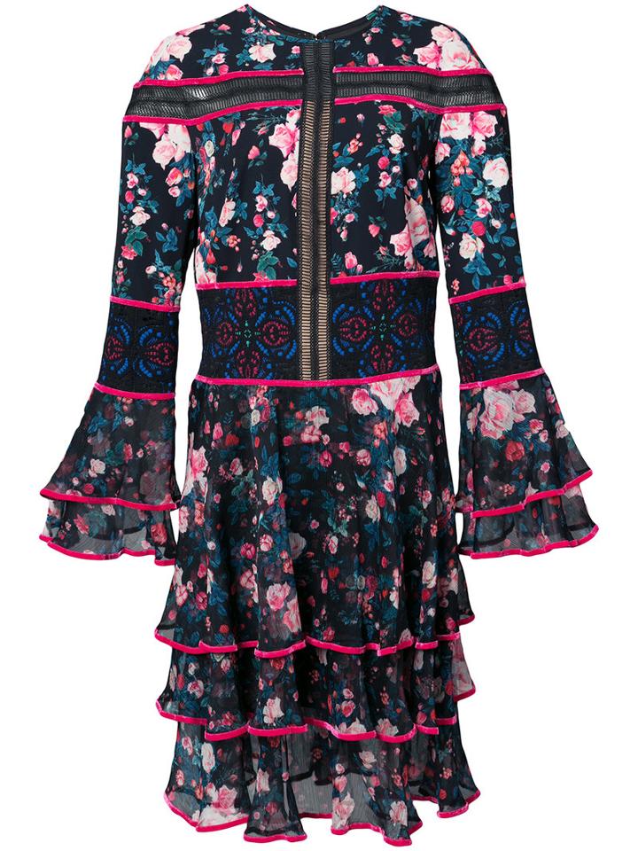 Tadashi Shoji - Floral Frill Panel Dress - Women - Polyester - 10, Blue, Polyester