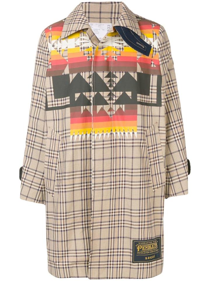 Sacai Ethnic Print Checked Coat - Neutrals