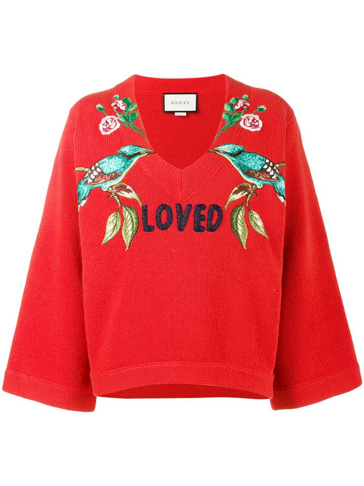 Gucci - Loved Bird Embroidered Top - Women - Wool - M, Red, Wool