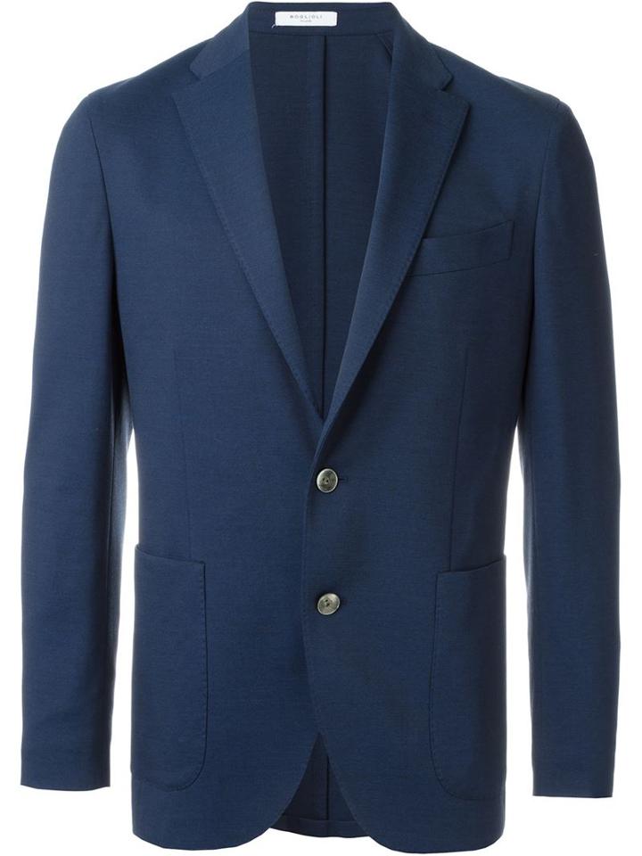 Boglioli Notched Lapel Blazer, Men's, Size: 56, Blue, Cotton/cupro