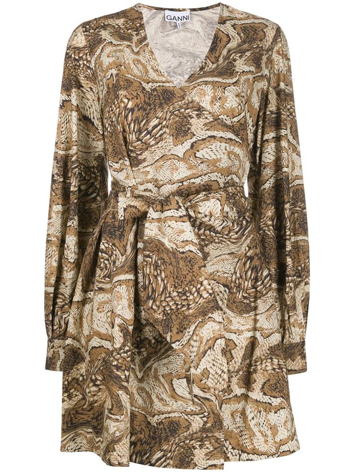 Ganni Graphic Print Wrap Dress - Brown