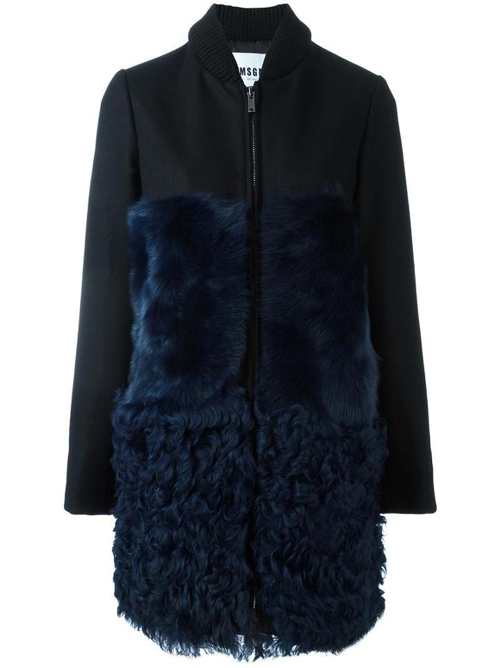 Msgm Ribbed Collar Mid-length Coat, Women's, Size: 40, Blue, Viscose/lamb Fur