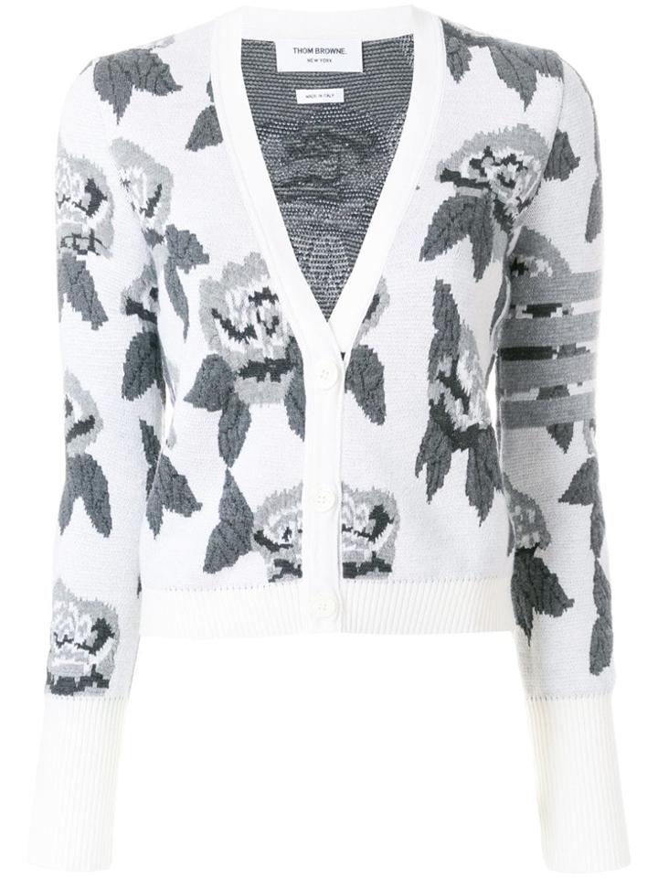 Thom Browne Boucle Rose Jacquard V-neck Cardigan - White
