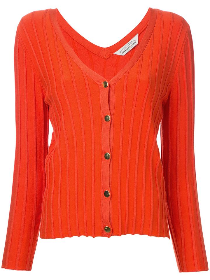 Ribbed V-neck Cardigan - Women - Rayon - One Size, Yellow/orange, Rayon, Torrazzo Donna