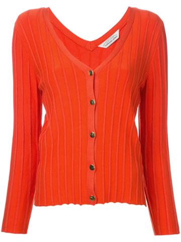 Ribbed V-neck Cardigan - Women - Rayon - One Size, Yellow/orange, Rayon, Torrazzo Donna