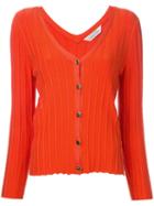 Ribbed V-neck Cardigan - Women - Rayon - One Size, Yellow/orange, Rayon, Torrazzo Donna
