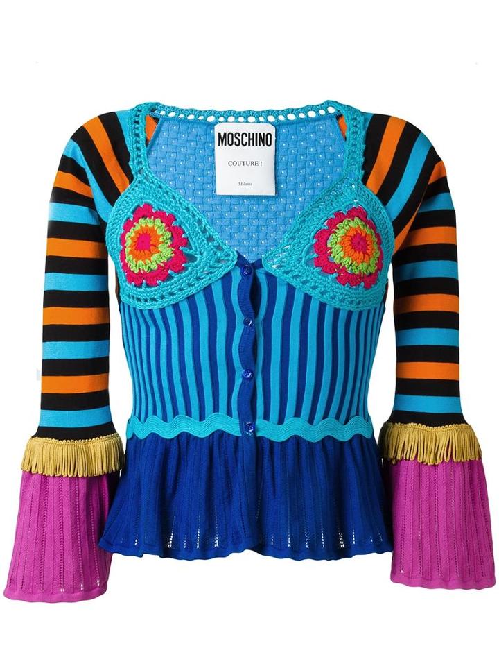 Moschino Bell Sleeve Crochet Panelled Cardigan, Women's, Size: 40, Blue, Cotton