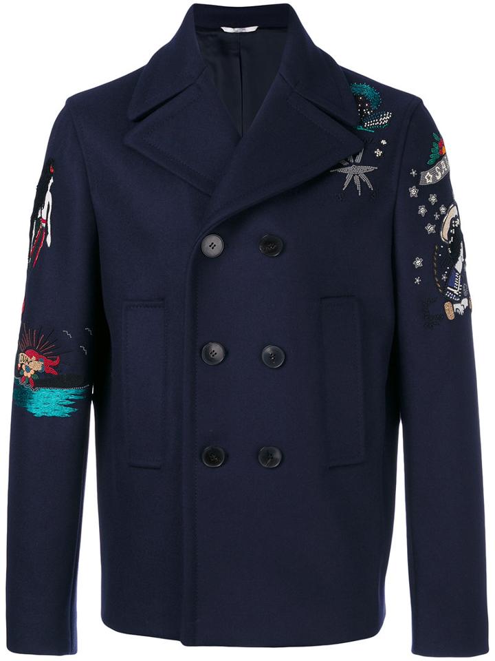 Valentino - Tattoo Embroidered Peacoat - Men - Cotton/polyester/cupro/wool - 50, Blue, Cotton/polyester/cupro/wool