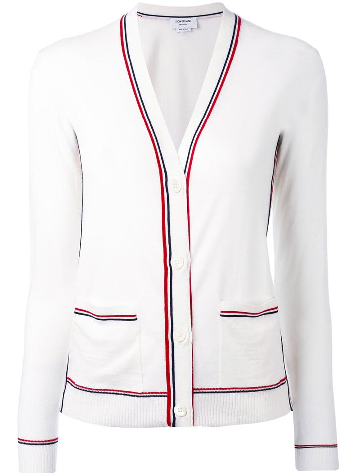 Thom Browne - Striped V-neck Cardigan - Women - Wool - 40, White, Wool