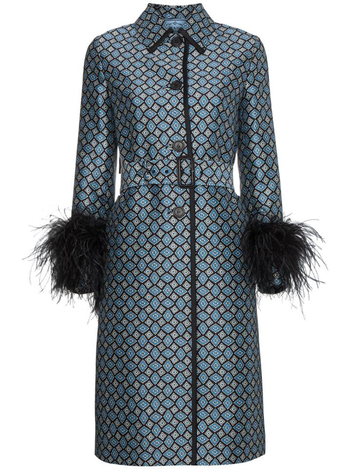 Prada Ostrich Feather Trimmed Wool Blend Coat - Blue