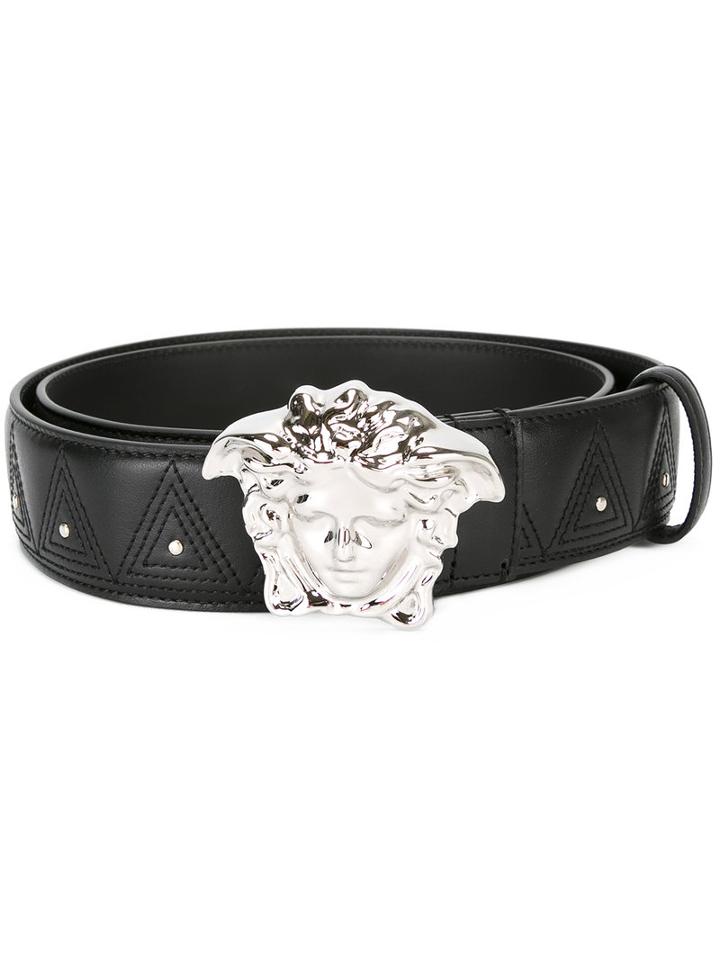 Versace Palazzo Medusa Stitched Stud Belt, Men's, Size: 85, Black, Calf Leather