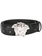Versace Palazzo Medusa Stitched Stud Belt, Men's, Size: 85, Black, Calf Leather